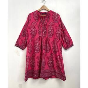 La Plage Maye Paisley Print Colorful Pintuck A-Line Cotton Mini Dress - Large